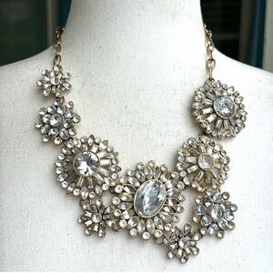 J Crew Elegant Bib style Gold and Silver Floral Necklace with crystals EUC